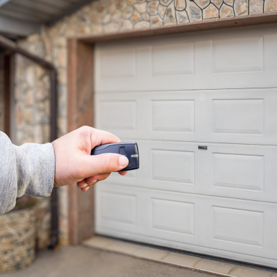Lubbock security key fob pointing to a garage door
