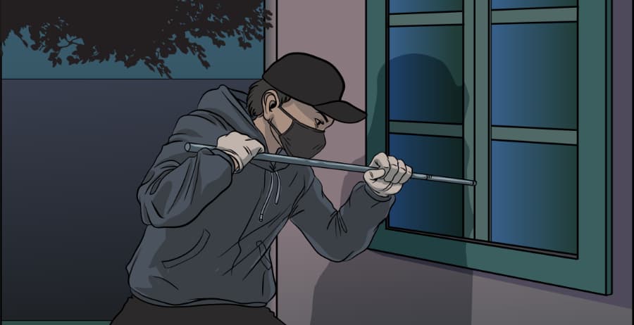 Illustration of burglar forcing entry through a window in Lubbock